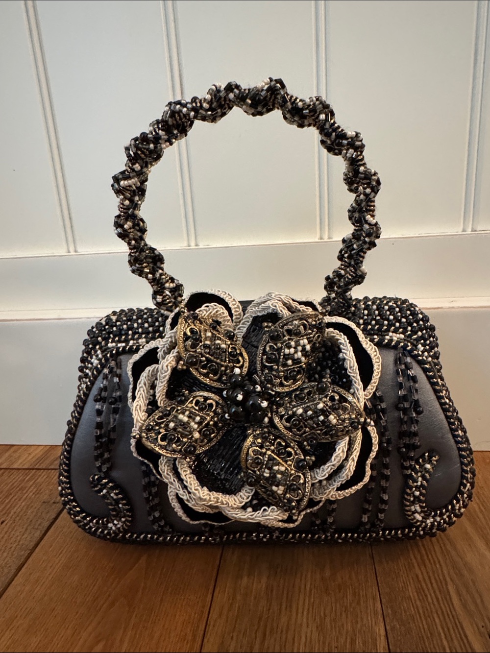 Mary Frances Black and Gold Beaded Floral Top-Handle Clutch